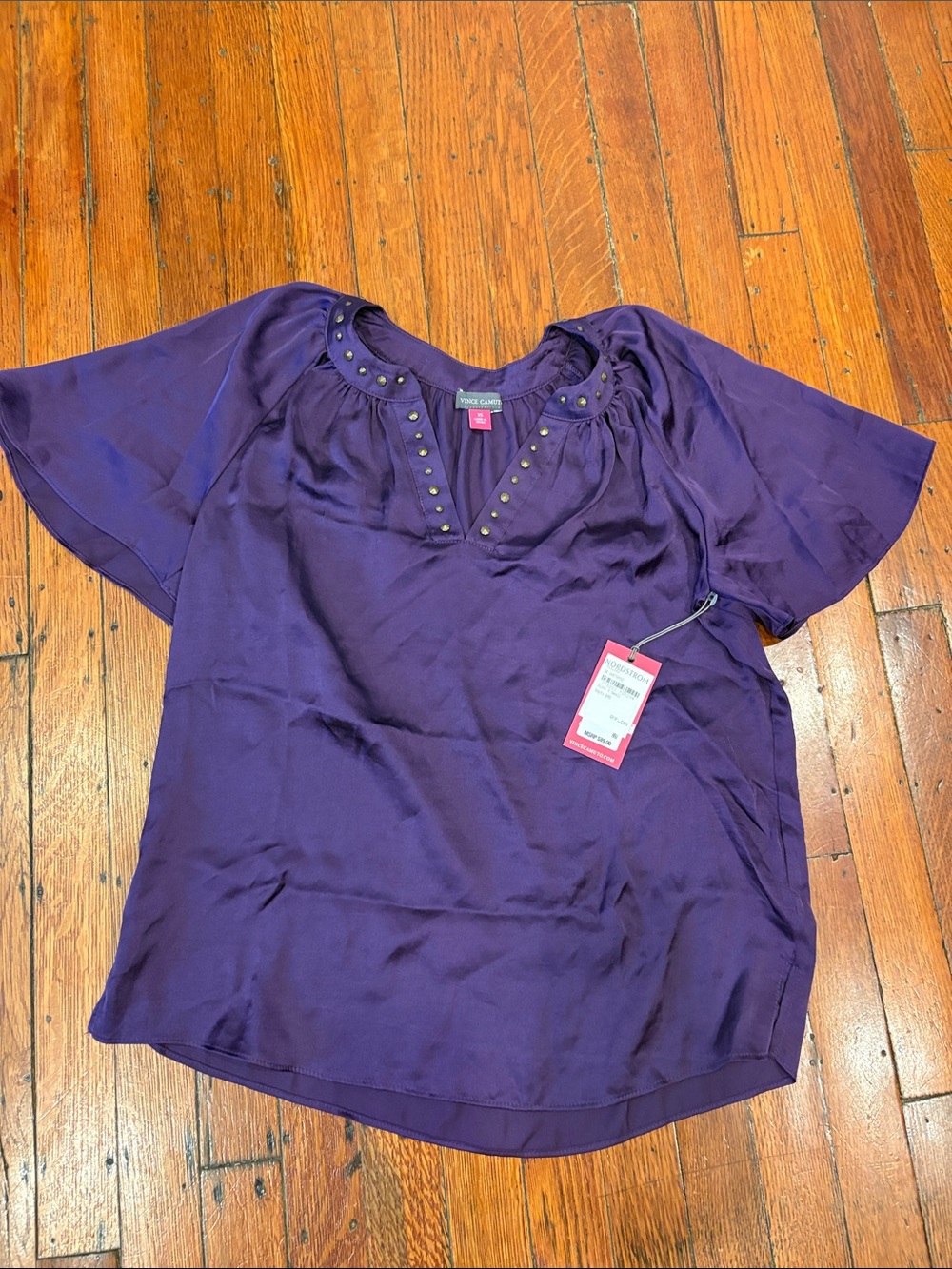 Vince Camuto Purple Stud-Trim V-Neck Flutter Sleeve Blouse